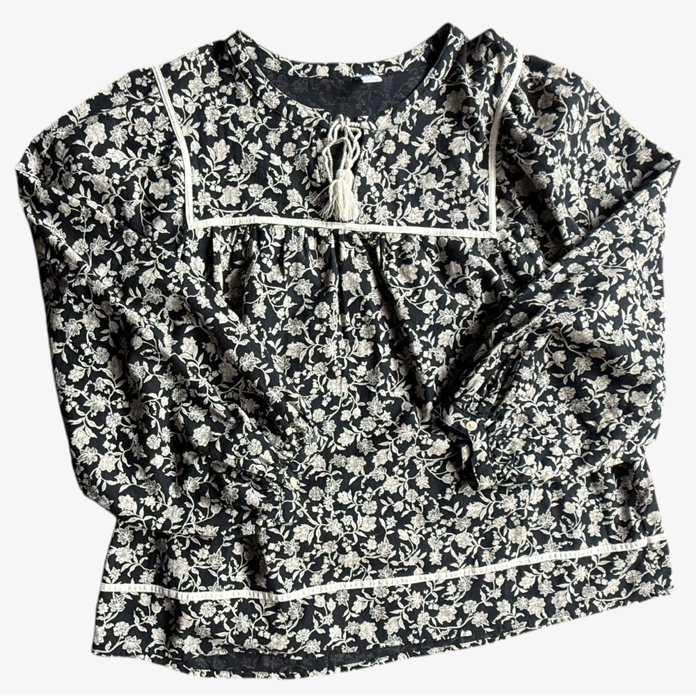 Old Navy Boho Hippie Black Cream Floral Blouse XL